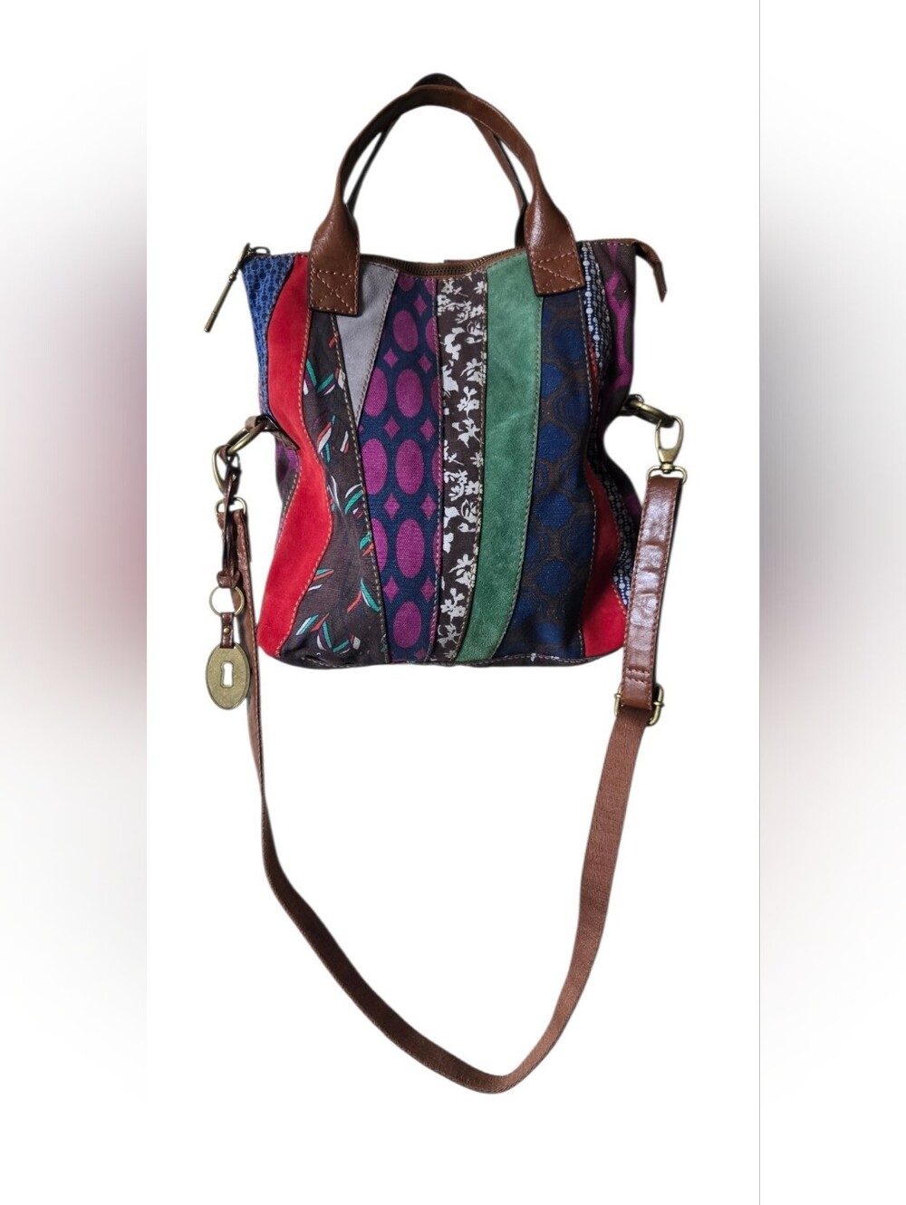 Fossil Patchwork Tote Crossbody Bag Multicolor Suede Canvas Leather Key Charm - Picture 10 of 16